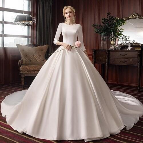 Best France Satin Ball Gown Wedding Dresses Three Quarter Sleeve Aliexpress Login O-neck Zipper Up Simple Bridal Dress Gelinlik