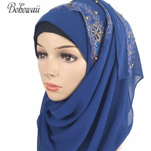BOHOWAII Instant Shawl High Quality Headscarf Hijab with Pearls Glitter Turbantes Mujeres Fashion Chiffon Scarf Tulband Dames