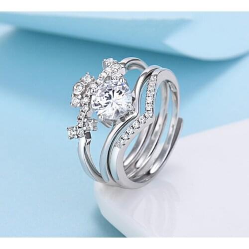 Cute Female White Crystal Ring Set Classic Silver Color Open Engagement Ring Charm Crown Round Zircon Wedding Rings For Women