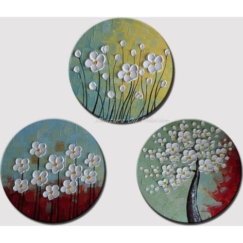 Round Painting 3Pcs/set 100% handpainted white flowers modern knife oil paintings on canvas wall art for living room framed