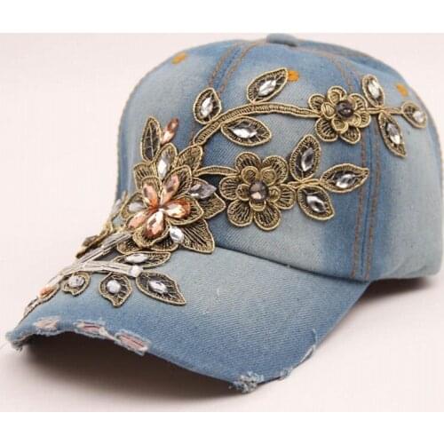 Fashion Female Handmade Rhinestone Embroidery Flower Denim Baseball Cap Outdoor Leisure Adjustable Cap Visor Hat