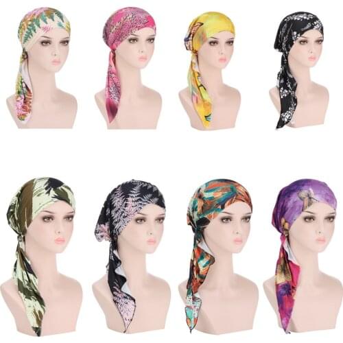 New Fashion Printed Flowers For Women Female Inner Hijabs Cap Muslim Head Scarf Turban Bonnet Ladies Wrap Hijab Hats PW214