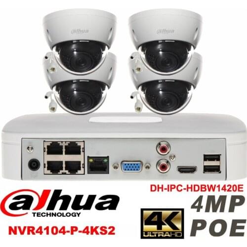 Dahua original 4CH 4MP H2.64 DH-IPC-HDBW1420E 4pcs Dome IP CCTV security camera POE DAHUA DHI-NVR4104-P-4KS2 Network camera kit