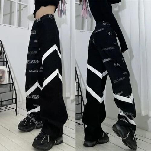 Personality Hip-hop Jeans Woman Spring Autumn New High-waist Printing Buttons Zipper Loose Straight-leg Pants Female Trousers