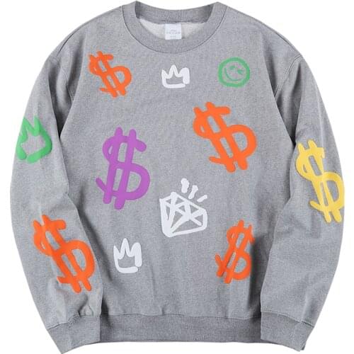 Harajuku Full Dollar Print Oversize Mens and Womens Autumn Hoodies Crew Neck Streetwear Terry Baggy Couple Sweatshirt