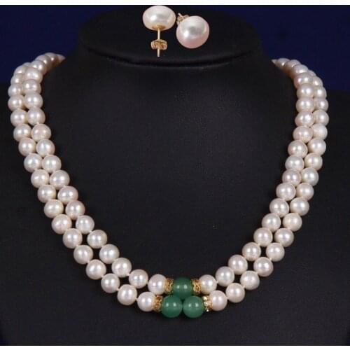 2 ROWS 8-9MM AAA SOUTH SEA AKOYA WHITE PEARL NECKLACE 18''19 inches+earring