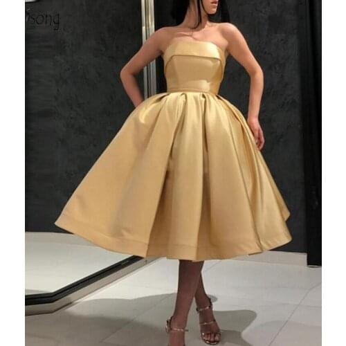Simple Puffy Tea Length Homecoming Dresses 2020 Cheap Light Gold Off Shoulder Prom Gowns Plus Size Fashion Cocktail Dresses