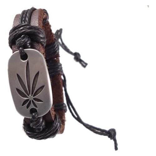 Retail/wholesale metal maple leaves leather rope men bracelet