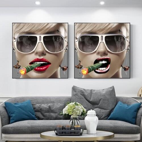 Sexy Girls Smoking Cigars Posters and Photos Wall Art Oil Painting Cool Glasses Women Decorate The Living Room Wall Photos