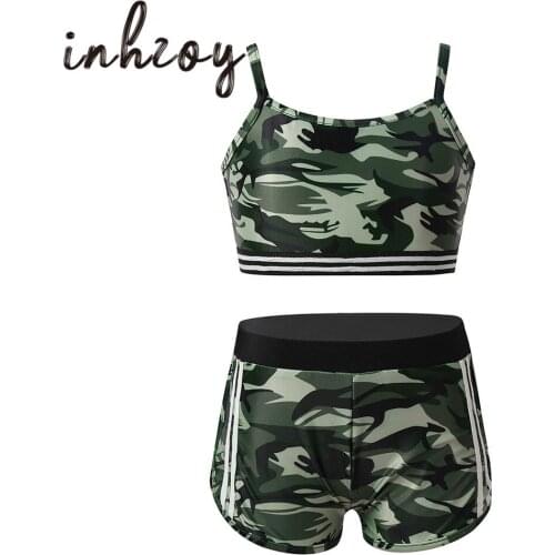 Kids Camouflage Printed Workout Fitness Dancewear Crop Top with Ballet Gymnastics Shorts Sets Girls Stage Performance Costume