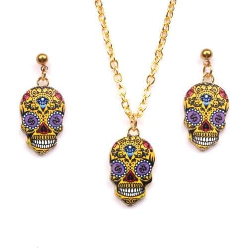 Western Holloween Enamel Skull Stamp Earrings and Necklace Masquerade Fashion Punk Jewelry Set