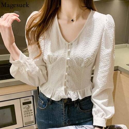 2021 Autumn Korean Fashion Womens Shirt V-neck Puff Long Sleeve Slim Short Tops Patchwork Pleated Blouse Women Blusas 16745