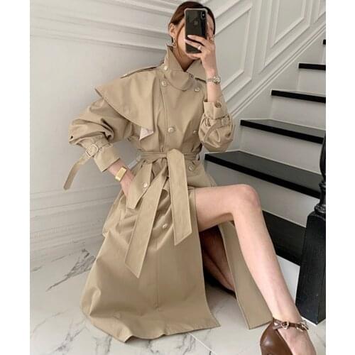 SuperAen 2021 Spring Autumn French British Style Double-breasted Strap Solid Waist Long Trench Coat Women Clothes