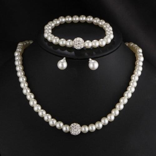 Womens Wedding Party Jewelry Set Rhinestone Faux Pearl Necklace Bracelet Earring For Women Jewerly Set