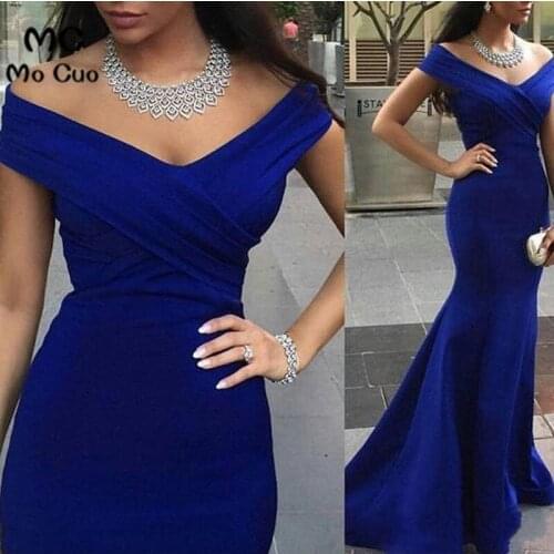 Amazing Luxuries 2018 Formal Mermaid Cap Sleeve Royer Blue V-Neck Satin Formal Party Evening Pageant Dress
