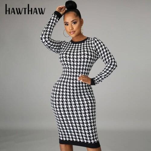 Hawthaw Women Autumn Winter Long Sleeve Printed Plaid Bodycon Slim Pacakge Hip Female Pencil Dress 2020 Fall Clothes Streetwear