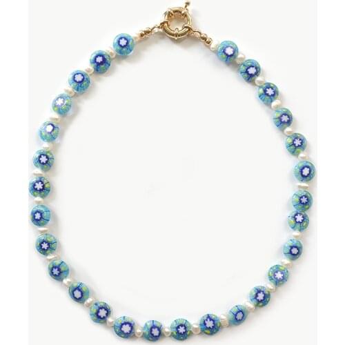 Bohemian blue beads beaded necklace Freshwater pearl mix and match creative design jewelry for women Party charm accessories