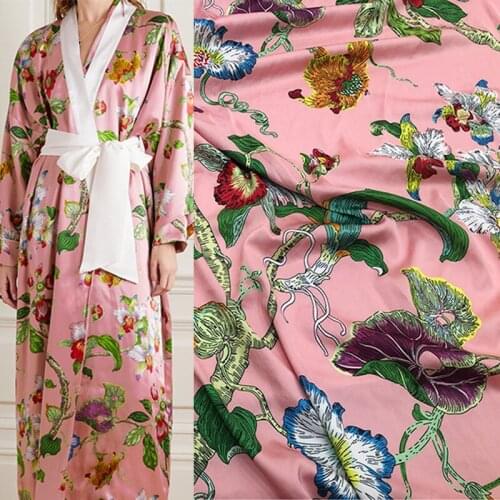 100X145cm Fashion Warbler Flower Printed Imitation Silk Satin Fabric For Woman Dress Blouse Pajamas Sleepwear DIY Sewing