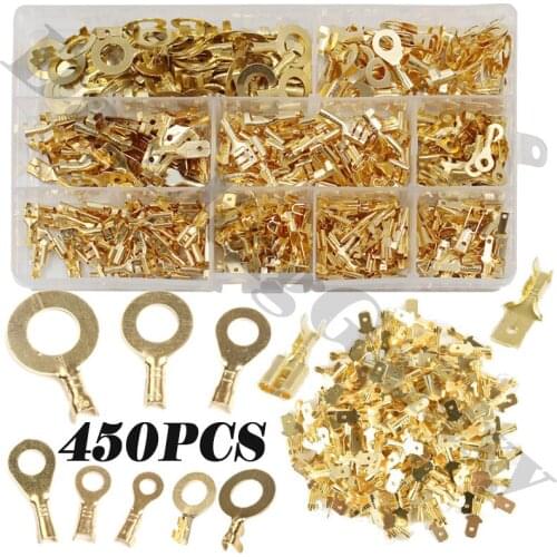 450PCS Ring Type Cable Wire Connector Gold Non-Insulated 2.8/4.8/6.3mm Crimp Terminal Kit