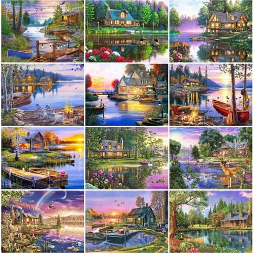 EverShine Diamond Painting Landscape Beaded Cross Stitch Set Diamond Embroidery House Needlework Mosaic Lake Decor For Home