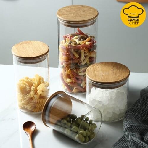 Bamboo Lid Transparent Glass Sealed Jar Kitchen Glass Bottle Storage Jar Household Food Confectionery Multigrain Jar Glass Jar