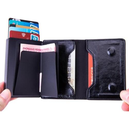 Bisi Goro Men And Women Button Pop-Up Smart Wallets RFID Blocking Cardholder Aluminum Card Wallet Fashion PU Leather Card Case