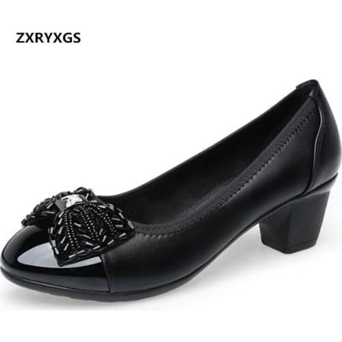 Noble Elegant Women Fashion Shoes High Heels 2019 New Spring Large Size Rhinestone Bow Wild Genuine Leather Shoes Women Shoes