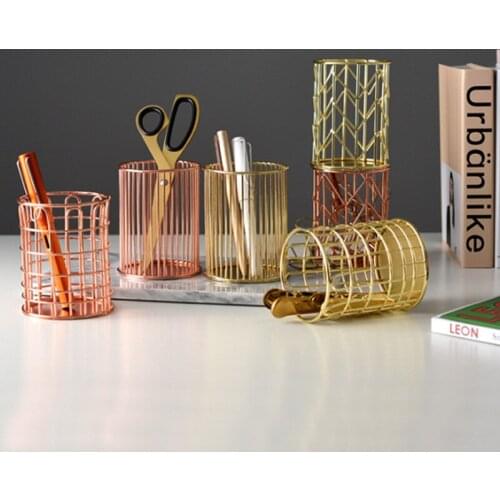 Creative Nordic desktop iron pen holder, electroplated metal simple cosmetic round storage bucket