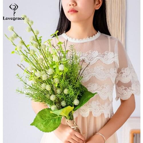 Lovegrace Bridal Wedding Long Bouquet Artificial Silk Pompon Flowers Fake Pine Needles Leaves Pink Photography Wedding Supplies