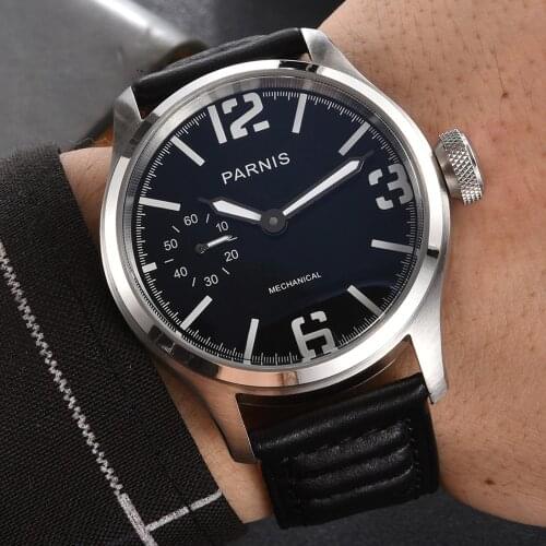 46mm parnis black dial 6497 movement hand winding mechanical mens watch