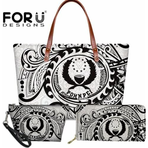 Fashion Women Handbag and Wallet Set Black Polynesian Pohnpei Tribal Tote Bag for Ladies Top-handle Bags Casual Zipper Purse