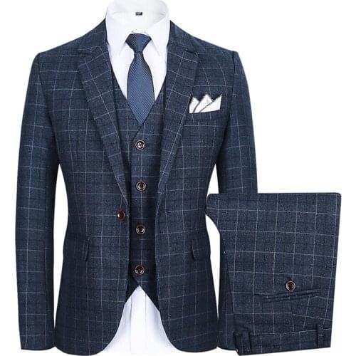 Men Plaid Suits Slim Fit 3 Pieces Wedding Groom Check Suit Business Party Prom Office Work Daily Life Single Breasted One Button