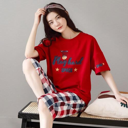 Pure Cotton Pajamas Women Summer Thin Short-sleeved Cropped Trousers Korean Version Loose Plus Size Outer Wear Home Clothing