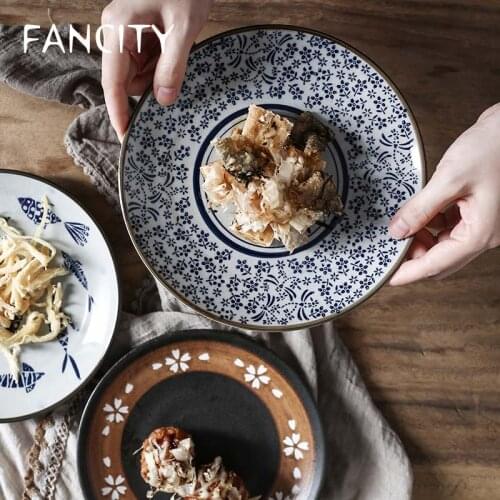 FANCITY Creative Japanese Retro Ceramic Disc Specialty Restaurant Western Steak Plate Breakfast Dim Sum Plate Household Flat Pla