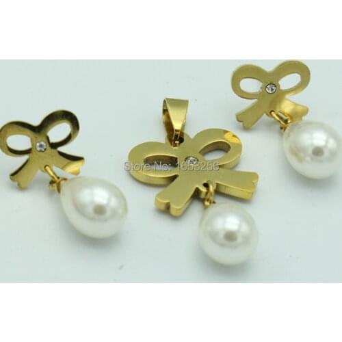 One Set Jewlery Stainless Steel Bowknot With white pearl design Necklace Pendant & Drop Charming Women Jewelry Set