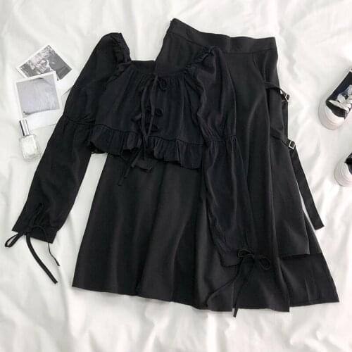 2021 Autumn 2 Piece Set Black Y2k Dress Long Sleeve Vintage Crop Tops + Design Casual Skirts Gothic High Street Suit Korea Style