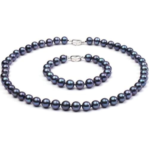 9-10mm red black black Freshwater pearl necklace bracelet set 925silver