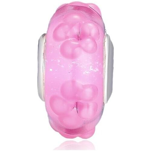 Fits Pandora Bracelet Pink Flower Murano Glass Charms 925 Sterling Silver Beads for Jewelry Making Berloque
