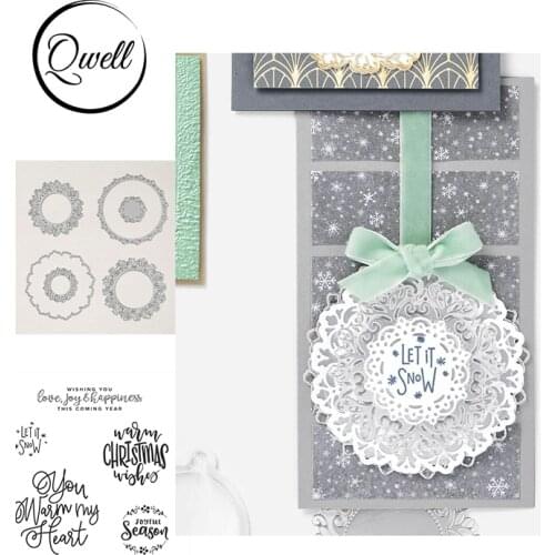 QWELL Dies Stamps Set Flower Swirl Circle Outline Metal Cutting Dies Clear Stamps Let it snow Words DIY Scrapbooking 2021
