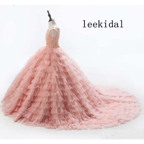 Blush Pink Tiered Flower Girls Dresses Multi Tiers A Line Sweep Train Girls Pageant Gowns Girls Pink Birthday Gowns Custom