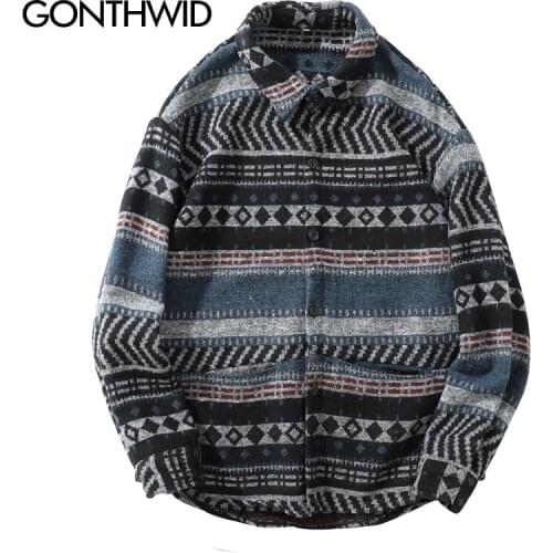 GONTHWID Geometric Striped Long Sleeve Shirts Men Hip Hop Button Down Dress Shirt Streetwear Hipster Fashion Casual Shirts Tops
