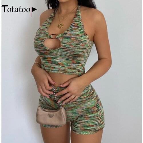 Totatoop Women Knitted Casual Tracksuit Tie Dye Print Halter Crop Top And Shorts Skinny Two Piece Set Oufit Vintage Party Suit