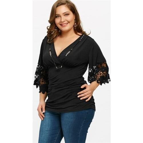 V-neck High Waist Women Tops Lace Patchwork Half-sleeve XL To 5XL Plus Size Blouses Woman Blusas Mujer De Moda TK6503