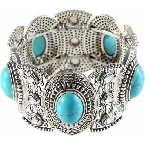 Vintage Tibetan Silver inlaid Beads Bangle Bracelet Ethnic Style Nepal Wide Cuff Bracelet Retro Natural Stone Bracelets Jewelry