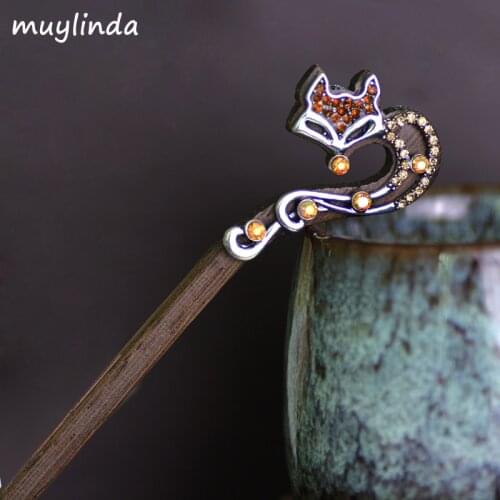 Muylinda Retro Fox Rhinestone Wood Hair Stick Hair Clip Unique Designed Women Banquet Hairpins Jewelry