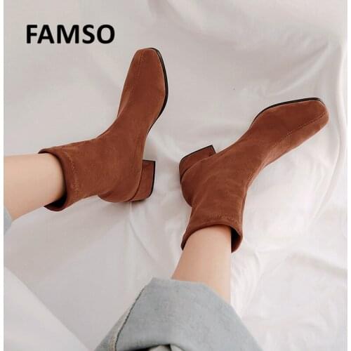 Womens Boots Elastic Ankle Boots Square Toe Thick Heel High Heels Shoes Woman New Winter Female Socks Boots Plus size 33-43
