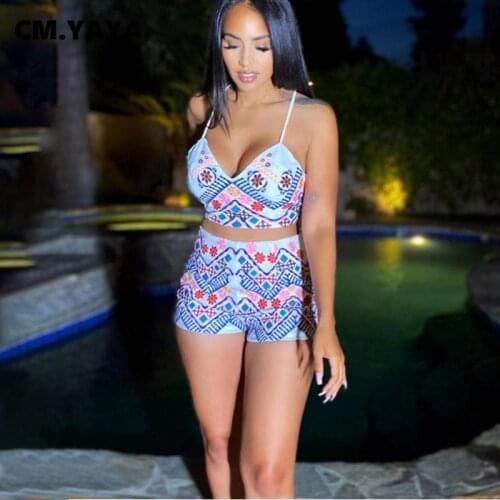 CM.YAYA Women Set Print Sleeveless Strap V-neck Crop Tops Stretchy Shorts Two 2 Piece Sets Sexy Fashion Tracksuit Summer Outfits