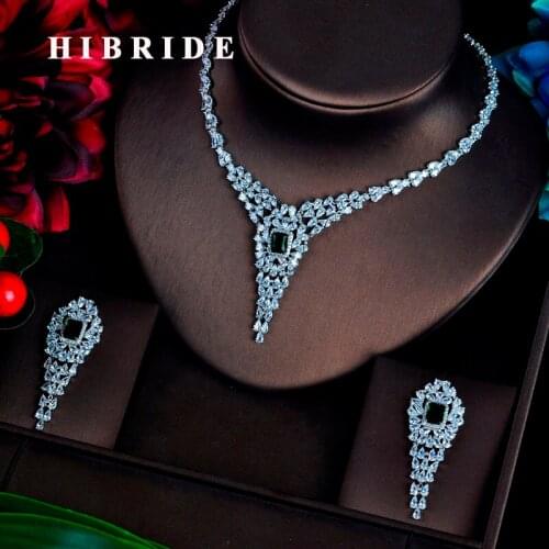 HIBRIDE Unique Design Full Cubic Zircon Women Bridal Jewelry Sets Green Pendant Necklace Female Jewelry Set Accessories N-616