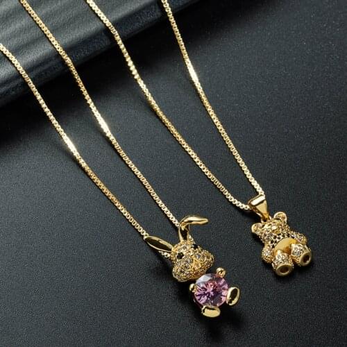 Gold Chain Copper CZ Cute Rabbit Bear Animal Necklace for Women Crystal Multicolor Zircon Necklace Ladies JewelryWholesale Bulk