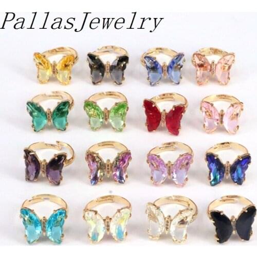 10Pcs ,adjustable couple gold filled multicolor glass crystal butterfly rings jewelry for women